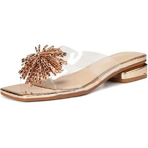 Women'S Clear Pvc Low Block Heel Slide Sandals With Sparkling Rhinestone Tassel Luxury Square Open Toe Comfortable Lining Non-Slip Chunky Heel Mules For Casual Party Beach in Saudi Arabia