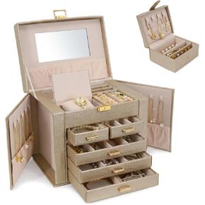 Jewelry Box with Travel Case, PU Leather 5-Layer Jewelry Organizer with Mirror & Lock, Velvet Lining Jewelry Storage for Women, Dresser Top Portable Jewelry Case, Gift for Women (Champagne) in Saudi Arabia