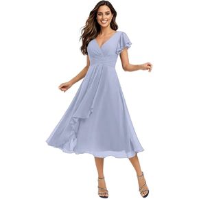Women's Flutter Sleeve Bridesmaid Dresses Short with Pockets Chiffon Ruffled A-Line Cocktail Formal Gowns in Kuwait