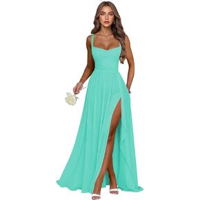 Long Chiffon Ruffle Bridesmaid Dresses with Slit Pleated Evening Dresses for Women in Saudi Arabia