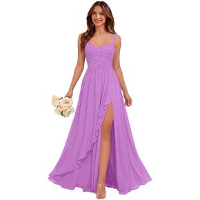 Long Chiffon Bridesmaid Dresses Pleated Formal Wedding Guest Dress with Slit Ruffle in Saudi Arabia