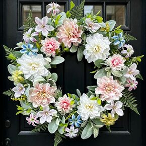 22 Inch Artificial Dahlia Wreaths for Front Door, Spring Summer Wreath with Eucalyptus, Fern & Lamb's Ear Leaves, Farmhouse Floral Wreath for Home Porch Window Wall, All Season Decor in Saudi Arabia
