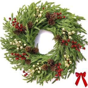 26" Norfolk Pine Wreath, Large Greenery Wreath for Front Door, Green Year Round Real Touch Artificial Greenery Wreath for Wall Porch Rustic Farmhouse Home Decor, with Lights, Red Bow, FF10 in Saudi Arabia