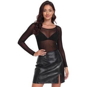 Women's Mesh Tops Sheer Long Sleeve Tee Shirts Bodycon See Through Sexy Clubwear Party Round Neck Tees in Saudi Arabia