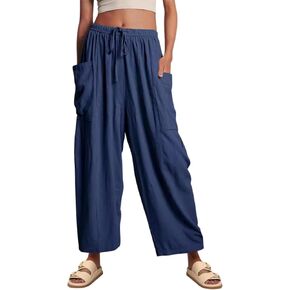 nalvo Womens Linen Pants, Wide Leg Cropped Casual Drawstring Elastic Waist Summer Beach Travel Pants with Deep Pockets in Kuwait