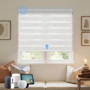 Motorized Zebra Blinds, Automatic Shades for Indoor Windows Work with HomeKit, Alexa, Google Home, Customized Electric Blinds with Remote, App, Voice Control, 90% Blackout Greyish White in Saudi Arabia