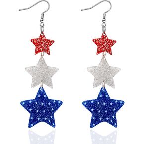 Stacked Star 4th of July Earrings for Women, Acrylic Sparkly Red White Blue Patriotic Dangle Earrings, Independence Day Patriotic Jewelry for Holiday Outfits in Kuwait