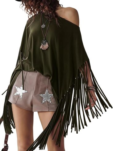 BEAUDRM Women's Fringe Shirts Off Shoulder Baggy Shirts Boho Tassel Short Sleeve Asymmetrical Tops in Kuwait
