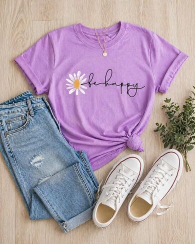 Be Happy Daisy Shirt Cute Aesthetic Graphic Tee for Women Positive Vibes Floral Shirt Inspirational Summer Top in Kuwait