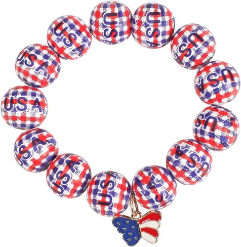 4th of July Patriotic Wooden Beaded Bracelet for Women American Flag Red White Blue Beads Stretch Bracelet with Star Heart Bow Charms Independence Day Jewelry Gift in Saudi Arabia