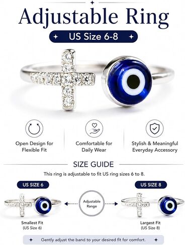 Adjustable Evil Eye Ring Silver Dainty Open Adjustable Rings Cross Evil Eye Jewelry for Women Energy Protection Ring in Kuwait