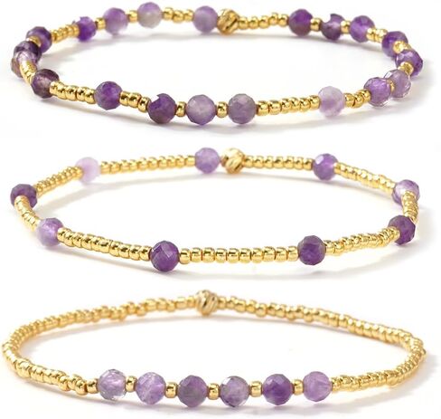 Purple Gold Plated Stackable Seed Beaded Bracelets Set For Women, Healing Romantic Luxury Amethyst Nature Gemstones Stretch Accessories Jewelry, Daily Vacation Party Friendship Gift in Saudi Arabia