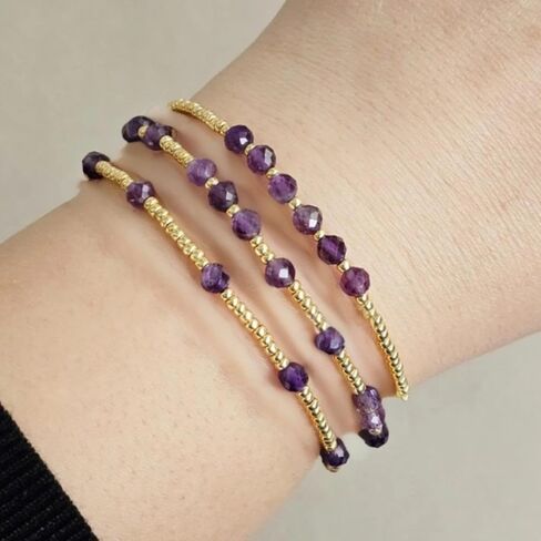 Purple Gold Plated Stackable Seed Beaded Bracelets Set For Women, Healing Romantic Luxury Amethyst Nature Gemstones Stretch Accessories Jewelry, Daily Vacation Party Friendship Gift in Saudi Arabia