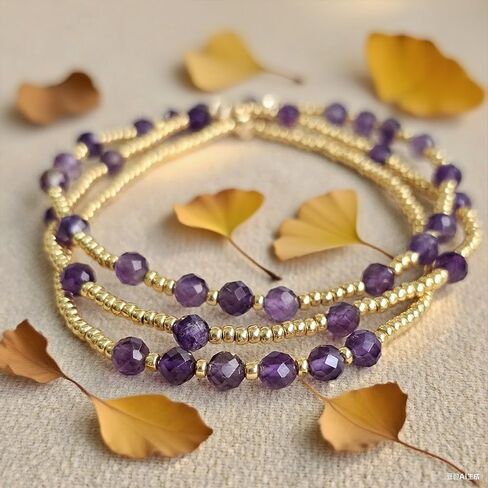 Purple Gold Plated Stackable Seed Beaded Bracelets Set For Women, Healing Romantic Luxury Amethyst Nature Gemstones Stretch Accessories Jewelry, Daily Vacation Party Friendship Gift in Saudi Arabia