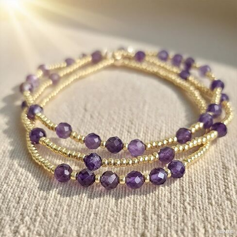 Purple Gold Plated Stackable Seed Beaded Bracelets Set For Women, Healing Romantic Luxury Amethyst Nature Gemstones Stretch Accessories Jewelry, Daily Vacation Party Friendship Gift in Saudi Arabia