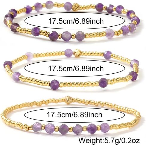 Purple Gold Plated Stackable Seed Beaded Bracelets Set For Women, Healing Romantic Luxury Amethyst Nature Gemstones Stretch Accessories Jewelry, Daily Vacation Party Friendship Gift in Saudi Arabia