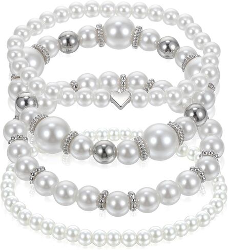 4 Pcs Pearl Bracelets for Women, White Simulated Pearl Beaded Bracelet Set, Stretch Stackable Faux for Women, Elegant Bridal Jewellery in Kuwait