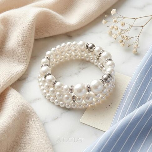 4 Pcs Pearl Bracelets for Women, White Simulated Pearl Beaded Bracelet Set, Stretch Stackable Faux for Women, Elegant Bridal Jewellery in Kuwait