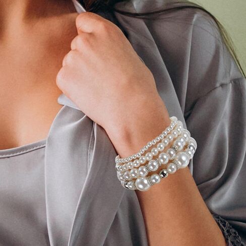 4 Pcs Pearl Bracelets for Women, White Simulated Pearl Beaded Bracelet Set, Stretch Stackable Faux for Women, Elegant Bridal Jewellery in Kuwait