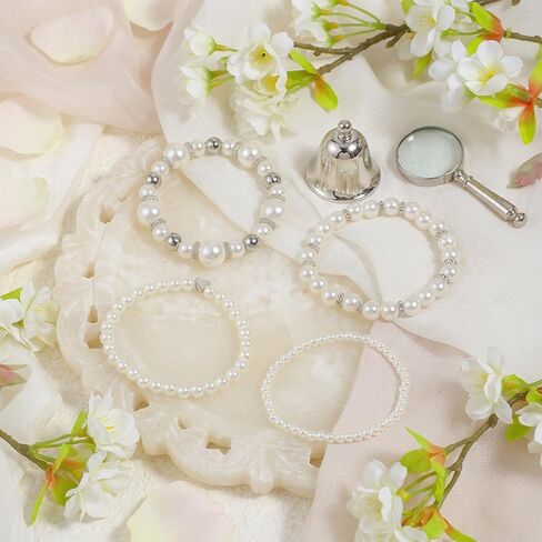 4 Pcs Pearl Bracelets for Women, White Simulated Pearl Beaded Bracelet Set, Stretch Stackable Faux for Women, Elegant Bridal Jewellery in Kuwait