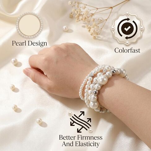 4 Pcs Pearl Bracelets for Women, White Simulated Pearl Beaded Bracelet Set, Stretch Stackable Faux for Women, Elegant Bridal Jewellery in Kuwait