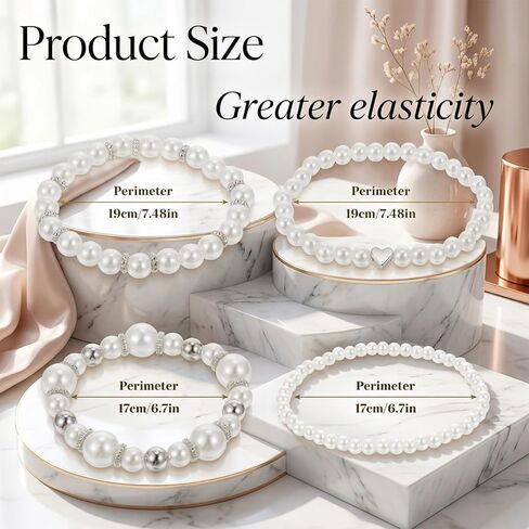 4 Pcs Pearl Bracelets for Women, White Simulated Pearl Beaded Bracelet Set, Stretch Stackable Faux for Women, Elegant Bridal Jewellery in Kuwait