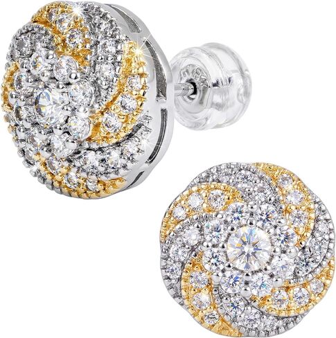 Two-Tone Stud Earrings for Women, 14K Gold Plated Earrings with Cubic Zirconia, Hypoallergenic 925 Sterling Silver Posts for Sensitive Ears, Jewelry Gift for Her in Saudi Arabia