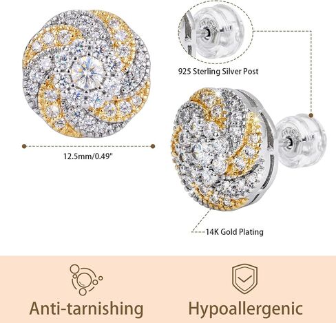 Two-Tone Stud Earrings for Women, 14K Gold Plated Earrings with Cubic Zirconia, Hypoallergenic 925 Sterling Silver Posts for Sensitive Ears, Jewelry Gift for Her in Saudi Arabia