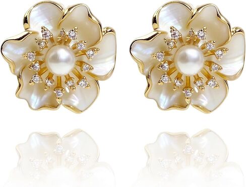 Geometric Enamel White Flower Stud Earrings for Women,Chunky 14K Gold Plated Brass Enamel Rhinestone Elegant Earrings for Women Prom Party in Saudi Arabia