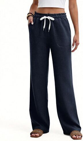 Yusongirl Wide Leg Pants for Women - Summer Flowy Palazzo Pants Drawstring Elastic Waist Trousers with Pockets in Saudi Arabia