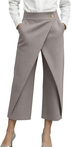 Wide Leg Cropped Pants for Women Asymmetrical Wrap Front Capris High Waisted Casual Dressy Office Culottes Trousers in Kuwait