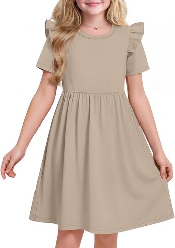 Girls' Ruffle Short Sleeve Dresses Crew Neck Summer Stretchy Knit Elastic Waist Casual Midi Dress for Kids 5-14 Y in Saudi Arabia