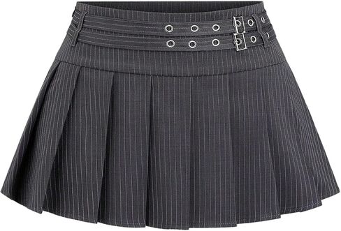 GORGLITTER Women's Striped Pleated Mini Skirt Y2K Belted Low Waist Uniform A Line Short Skirts in Kuwait