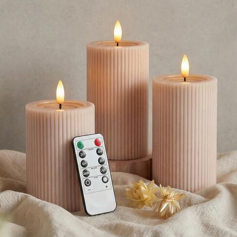 Fluted Ribbed LED Pillar Candles, Blush Beige, with Realistic Reflective Melted-Wax Effect – Flickering Flame, Remote, Dimmable, Flameless, Battery Operated, Home & Wedding Decor (Set of 3) in Saudi Arabia