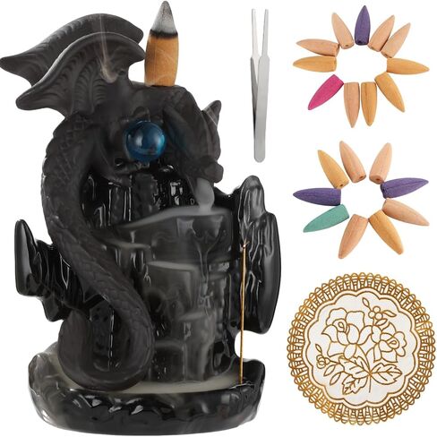 Ceramic Dragon Backflow Incense Burner, Waterfall Incense Holder, Fantasy Dragon Castle Aromatherapy Holder with 20 Cones, Mat, and Tweezers, Ideal for Meditation, Yoga in Saudi Arabia