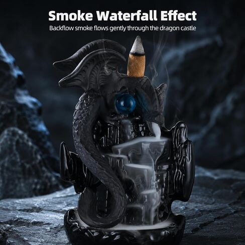 Ceramic Dragon Backflow Incense Burner, Waterfall Incense Holder, Fantasy Dragon Castle Aromatherapy Holder with 20 Cones, Mat, and Tweezers, Ideal for Meditation, Yoga in Saudi Arabia