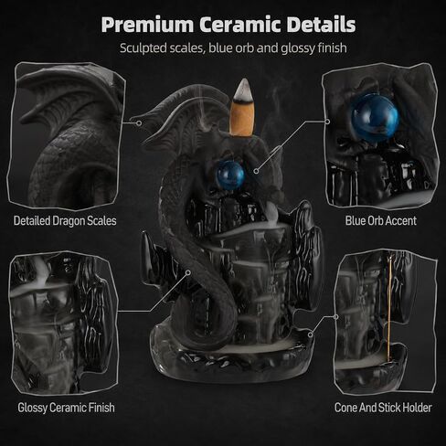 Ceramic Dragon Backflow Incense Burner, Waterfall Incense Holder, Fantasy Dragon Castle Aromatherapy Holder with 20 Cones, Mat, and Tweezers, Ideal for Meditation, Yoga in Saudi Arabia