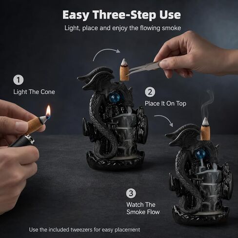 Ceramic Dragon Backflow Incense Burner, Waterfall Incense Holder, Fantasy Dragon Castle Aromatherapy Holder with 20 Cones, Mat, and Tweezers, Ideal for Meditation, Yoga in Saudi Arabia