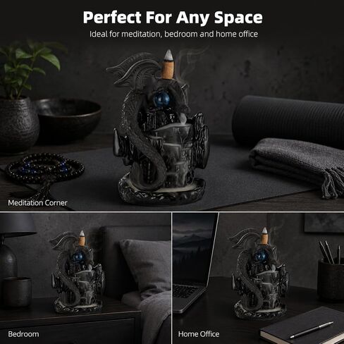 Ceramic Dragon Backflow Incense Burner, Waterfall Incense Holder, Fantasy Dragon Castle Aromatherapy Holder with 20 Cones, Mat, and Tweezers, Ideal for Meditation, Yoga in Saudi Arabia
