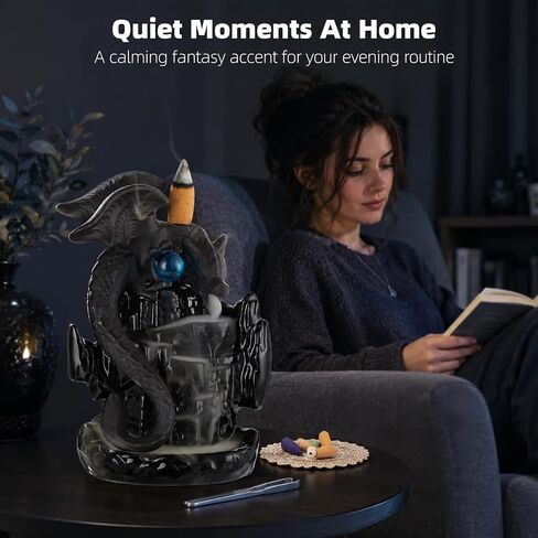 Ceramic Dragon Backflow Incense Burner, Waterfall Incense Holder, Fantasy Dragon Castle Aromatherapy Holder with 20 Cones, Mat, and Tweezers, Ideal for Meditation, Yoga in Saudi Arabia