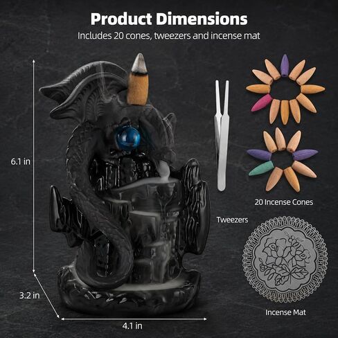 Ceramic Dragon Backflow Incense Burner, Waterfall Incense Holder, Fantasy Dragon Castle Aromatherapy Holder with 20 Cones, Mat, and Tweezers, Ideal for Meditation, Yoga in Saudi Arabia