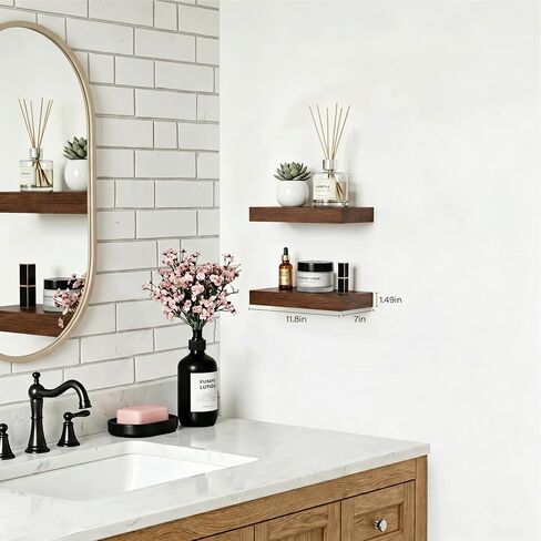 Walnut Floating Shelves for Wall Set of 2, 11.8 Inch Small Wood Wall Shelves for Bathroom Over Toilet, Bedroom & Home Office Storage, Wall Mounted Shelves for Books, Decor & Small Plants in Saudi Arabia