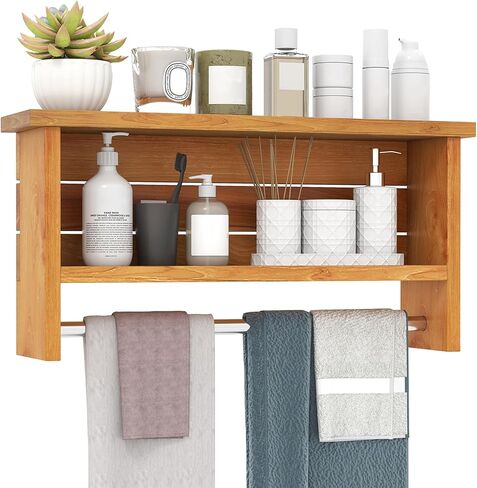Giantex Bathroom Wall-Mounted Storage Shelf, 3-Tier Solid Teak Wood Bathroom Shelf with Towel Bar, Stainless Steel Hanging Rod, Space-Saving Organizer Display Rack for Kitchen, Entryway, Living Room in Saudi Arabia