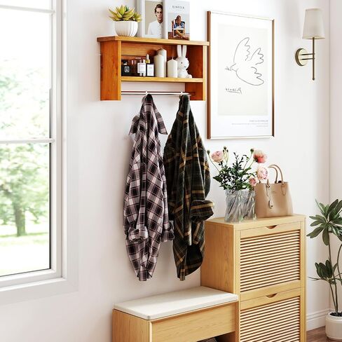 Giantex Bathroom Wall-Mounted Storage Shelf, 3-Tier Solid Teak Wood Bathroom Shelf with Towel Bar, Stainless Steel Hanging Rod, Space-Saving Organizer Display Rack for Kitchen, Entryway, Living Room in Saudi Arabia