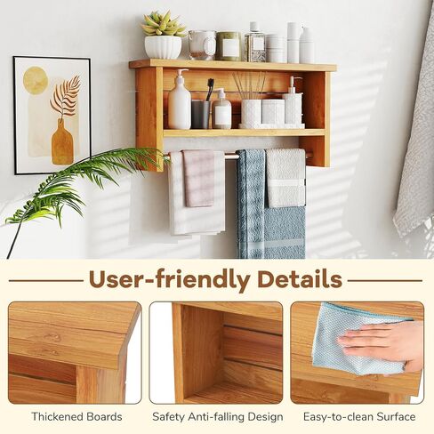 Giantex Bathroom Wall-Mounted Storage Shelf, 3-Tier Solid Teak Wood Bathroom Shelf with Towel Bar, Stainless Steel Hanging Rod, Space-Saving Organizer Display Rack for Kitchen, Entryway, Living Room in Saudi Arabia