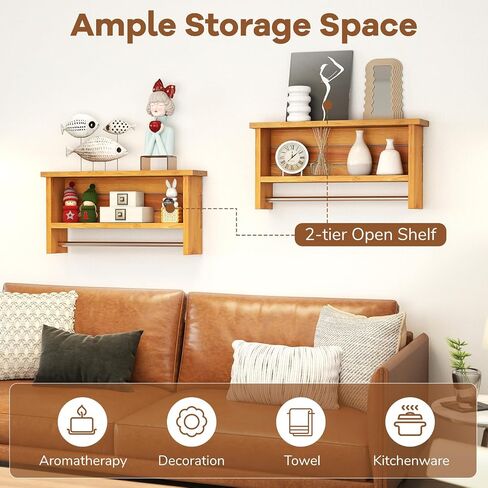 Giantex Bathroom Wall-Mounted Storage Shelf, 3-Tier Solid Teak Wood Bathroom Shelf with Towel Bar, Stainless Steel Hanging Rod, Space-Saving Organizer Display Rack for Kitchen, Entryway, Living Room in Saudi Arabia