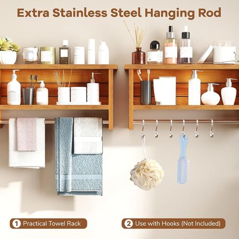 Giantex Bathroom Wall-Mounted Storage Shelf, 3-Tier Solid Teak Wood Bathroom Shelf with Towel Bar, Stainless Steel Hanging Rod, Space-Saving Organizer Display Rack for Kitchen, Entryway, Living Room in Saudi Arabia