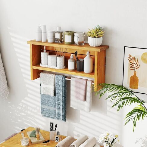 Giantex Bathroom Wall-Mounted Storage Shelf, 3-Tier Solid Teak Wood Bathroom Shelf with Towel Bar, Stainless Steel Hanging Rod, Space-Saving Organizer Display Rack for Kitchen, Entryway, Living Room in Saudi Arabia
