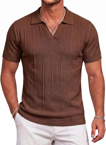 Men's Knit Polo Shirts V Neck Short Sleeve Casual Breathable Soft Golf Shirt in Saudi Arabia