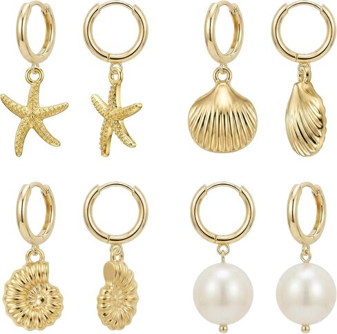4 Pairs Huggie Hoop Beachy Earrings Set for Women, 14K Gold Plated Ocean Elements Hoop Dangle Drop Earring - Shell/Starfish/Conch/Pearl Earrings- Trendy Summer Beach Jewelry Gift in Saudi Arabia